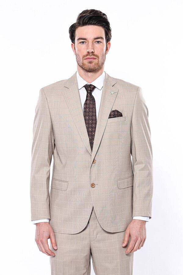 Traje beige de corte regular y cuadros 4 Drop - Wessi