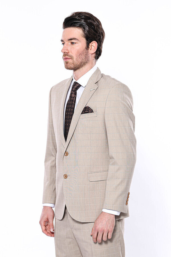 Traje beige de corte regular y cuadros 4 Drop - Wessi