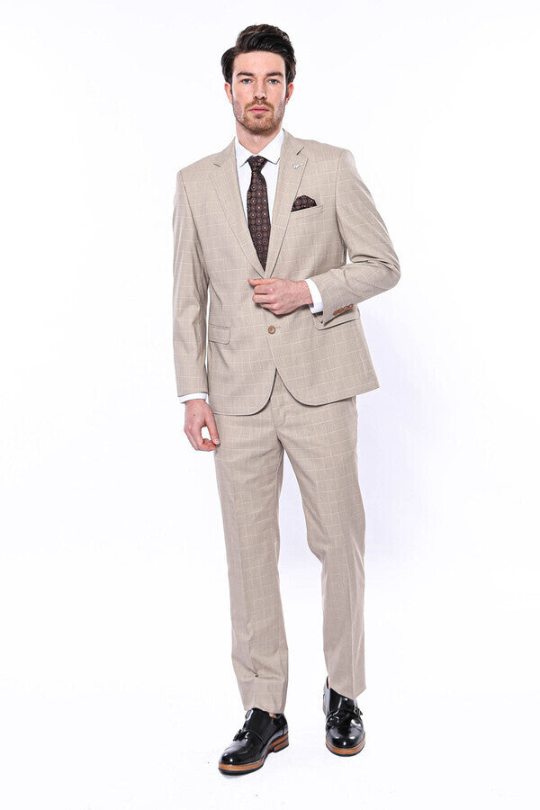 Traje beige de corte regular y cuadros 4 Drop - Wessi