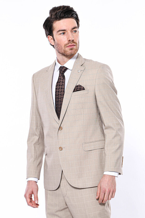 Traje beige de corte regular y cuadros 4 Drop - Wessi