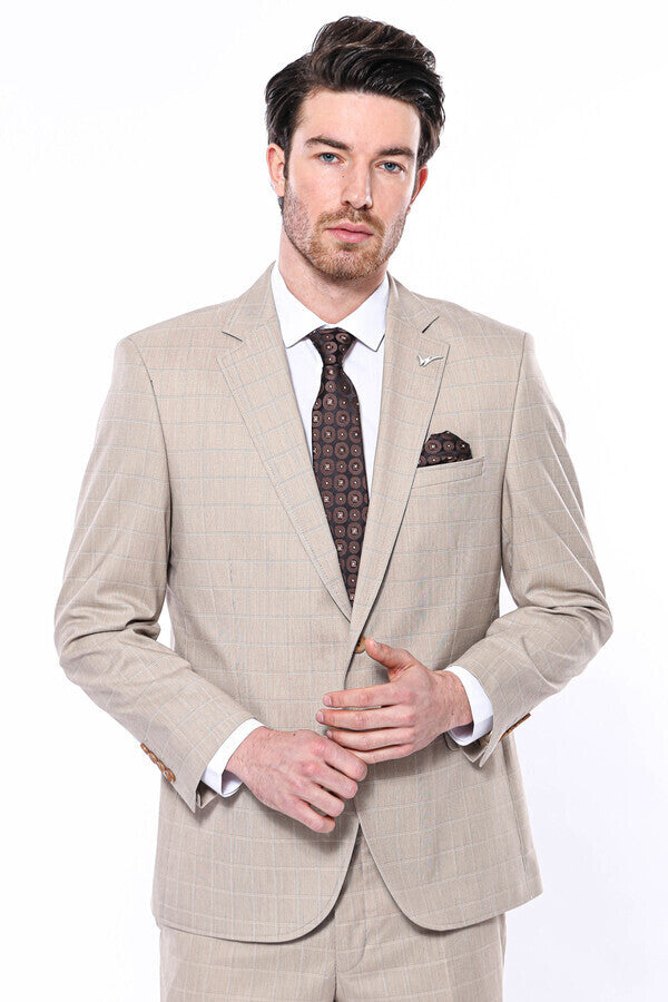 Traje beige de corte regular y cuadros 4 Drop - Wessi