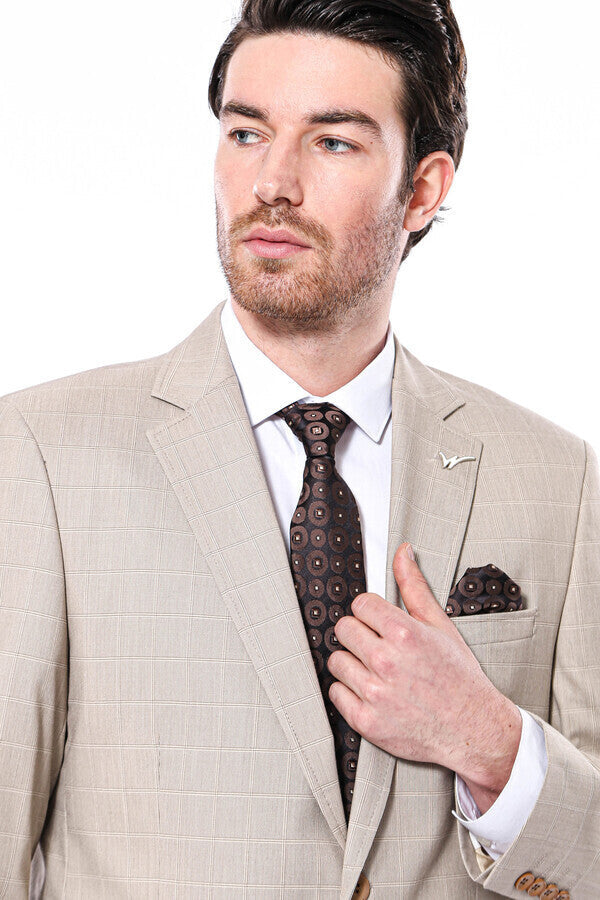 Traje beige de corte regular y cuadros 4 Drop - Wessi