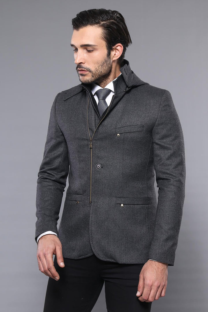 Abrigo corto de lana gris con cremallera y capucha de 3 bolsillos para hombre - Wessi