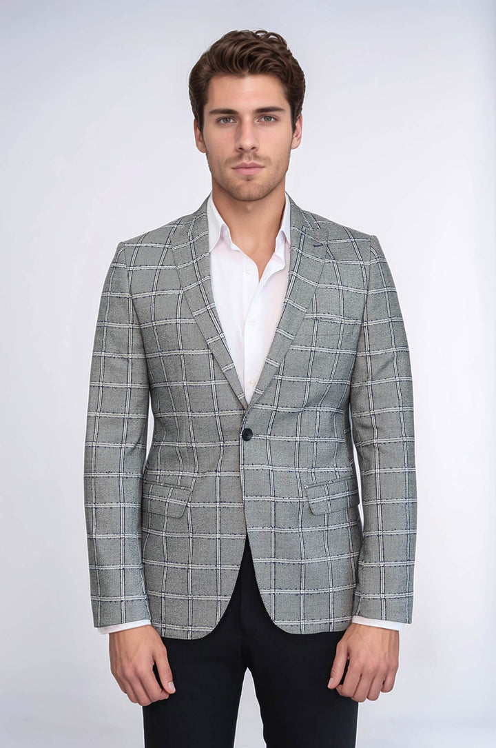 Checked Slim-Fit Grey Men Blazer - Wessi