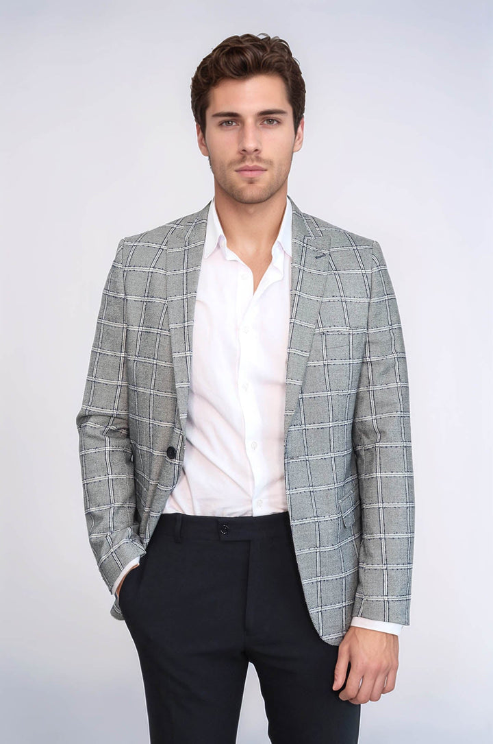 Checked Slim-Fit Grey Men Blazer - Wessi
