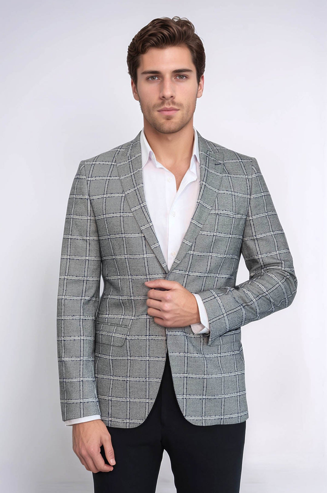 Checked Slim-Fit Grey Men Blazer - Wessi