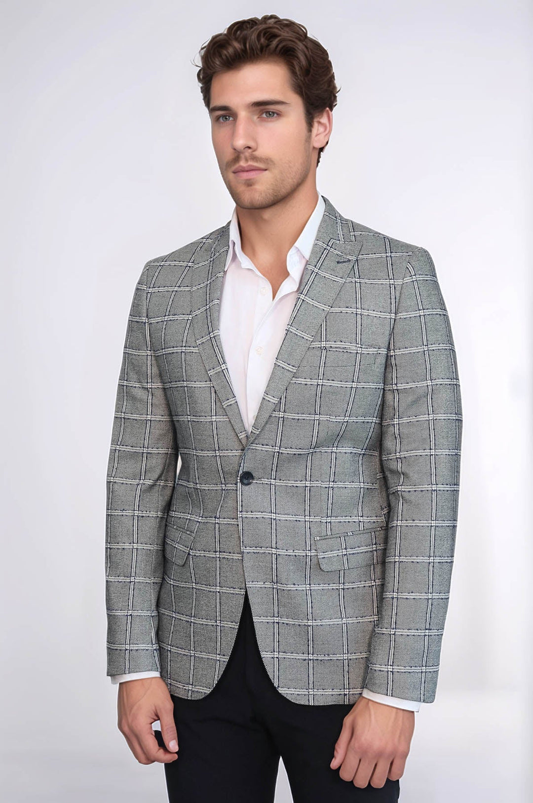 Checked Slim-Fit Grey Men Blazer - Wessi