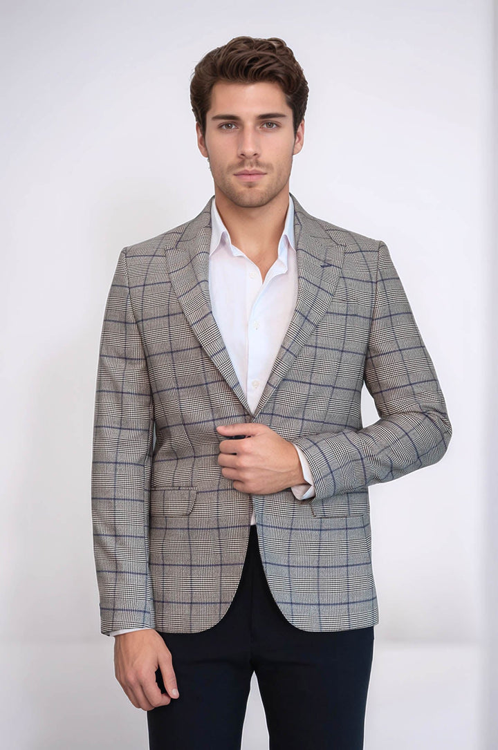 Blazer de cuadros beige ajustado para hombre - Wessi