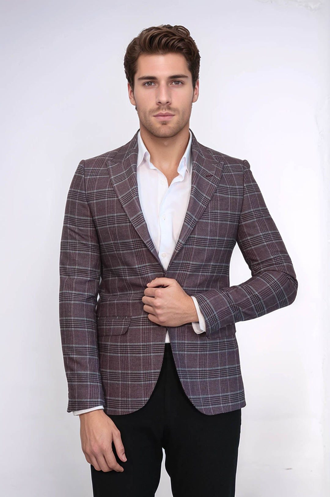 Blazer de cuadros burdeos de corte entallado para hombre - Wessi