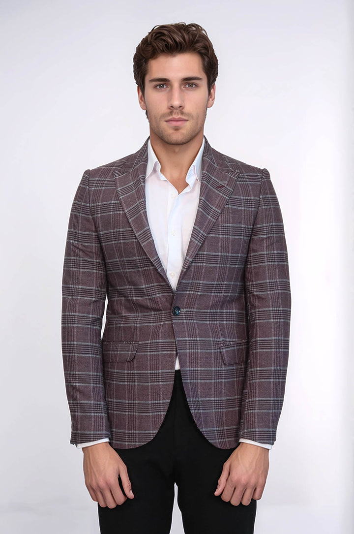 Blazer de cuadros burdeos de corte entallado para hombre - Wessi