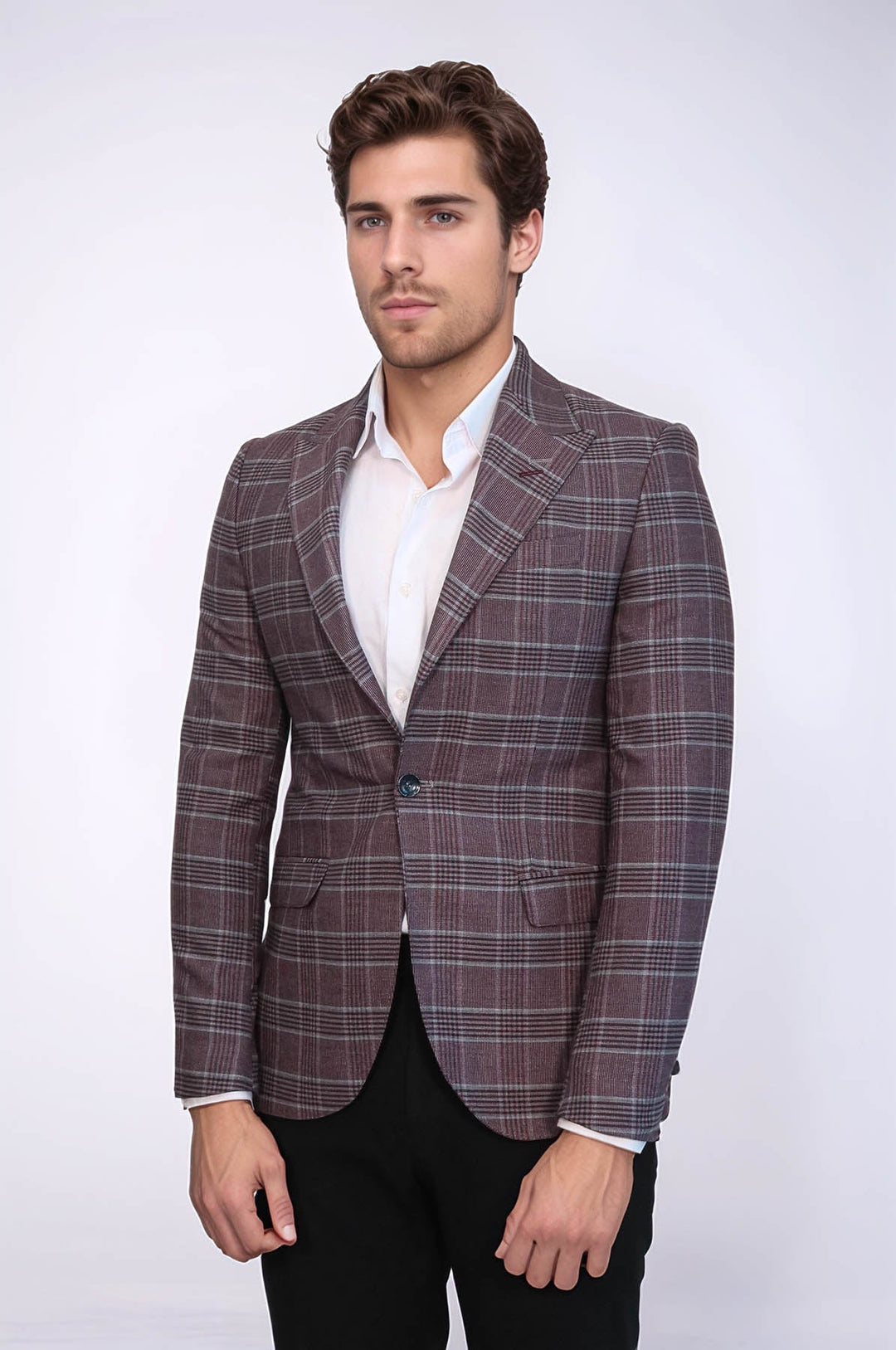 Blazer de cuadros burdeos de corte entallado para hombre - Wessi