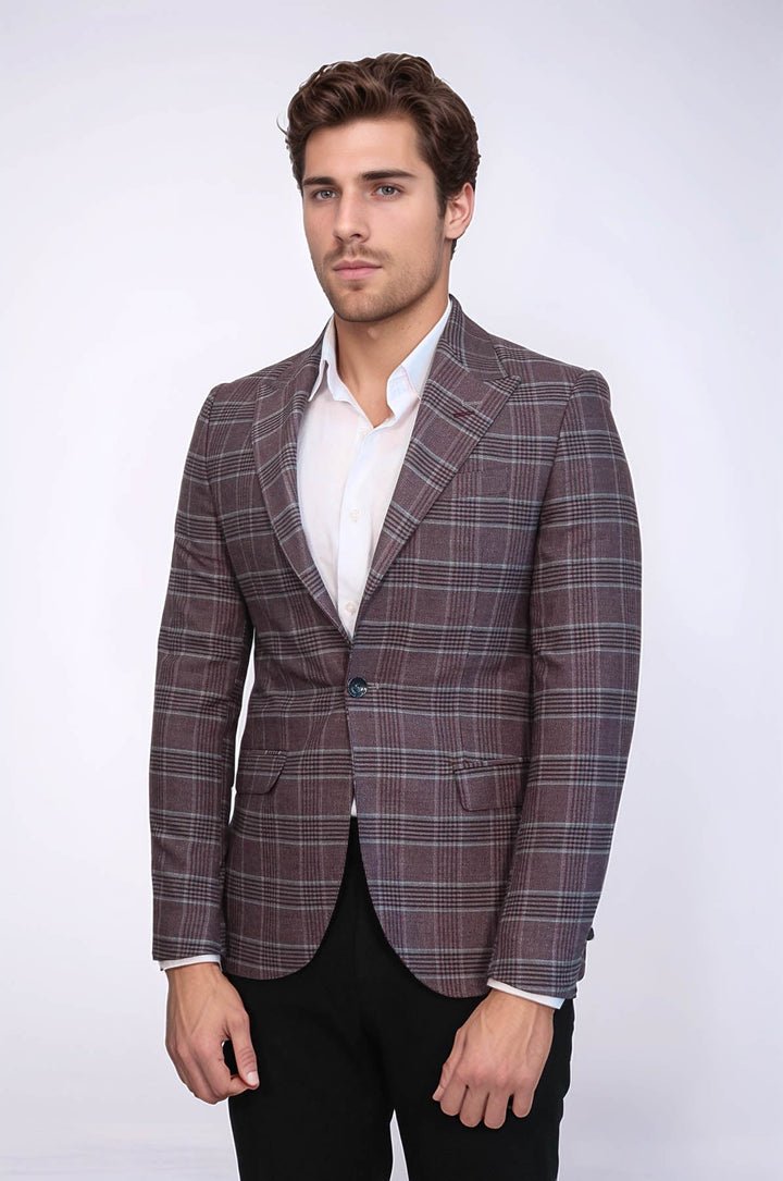Blazer de cuadros burdeos de corte entallado para hombre - Wessi