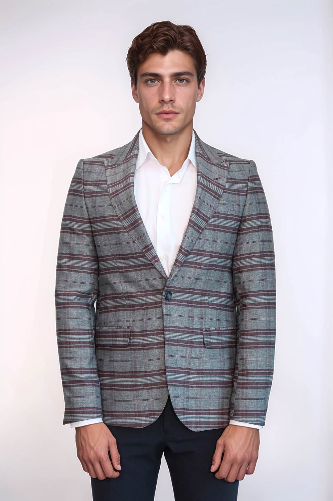 Slim-Fit Kareli Bordo Erkek Ceket - Wessi