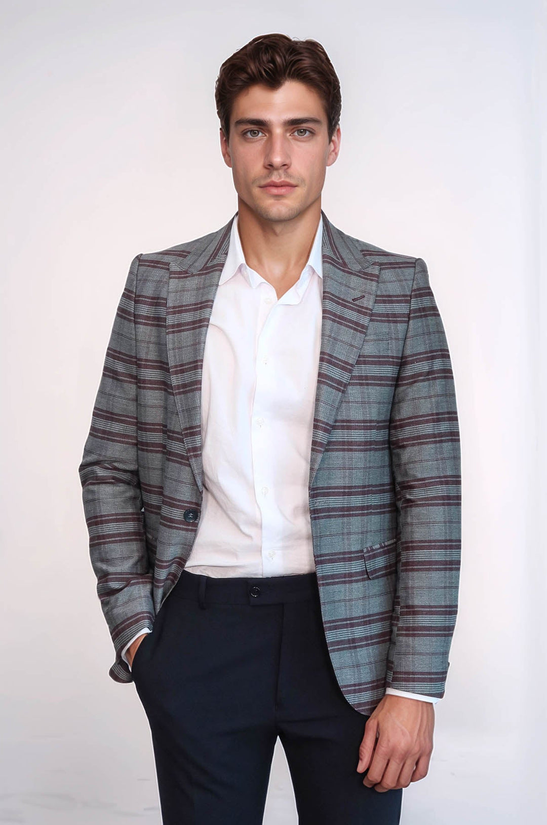Slim-Fit Kareli Bordo Erkek Ceket - Wessi