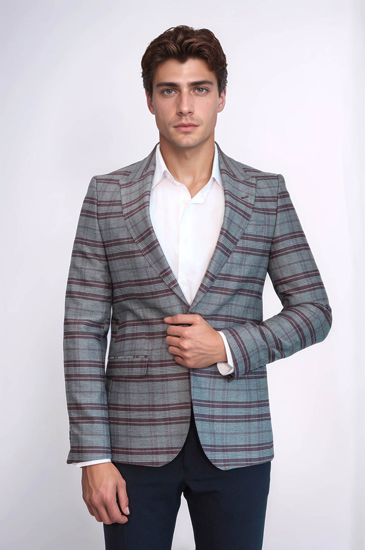 Slim-Fit Kareli Bordo Erkek Ceket - Wessi