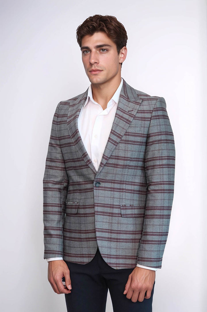 Slim-Fit Kareli Bordo Erkek Ceket - Wessi