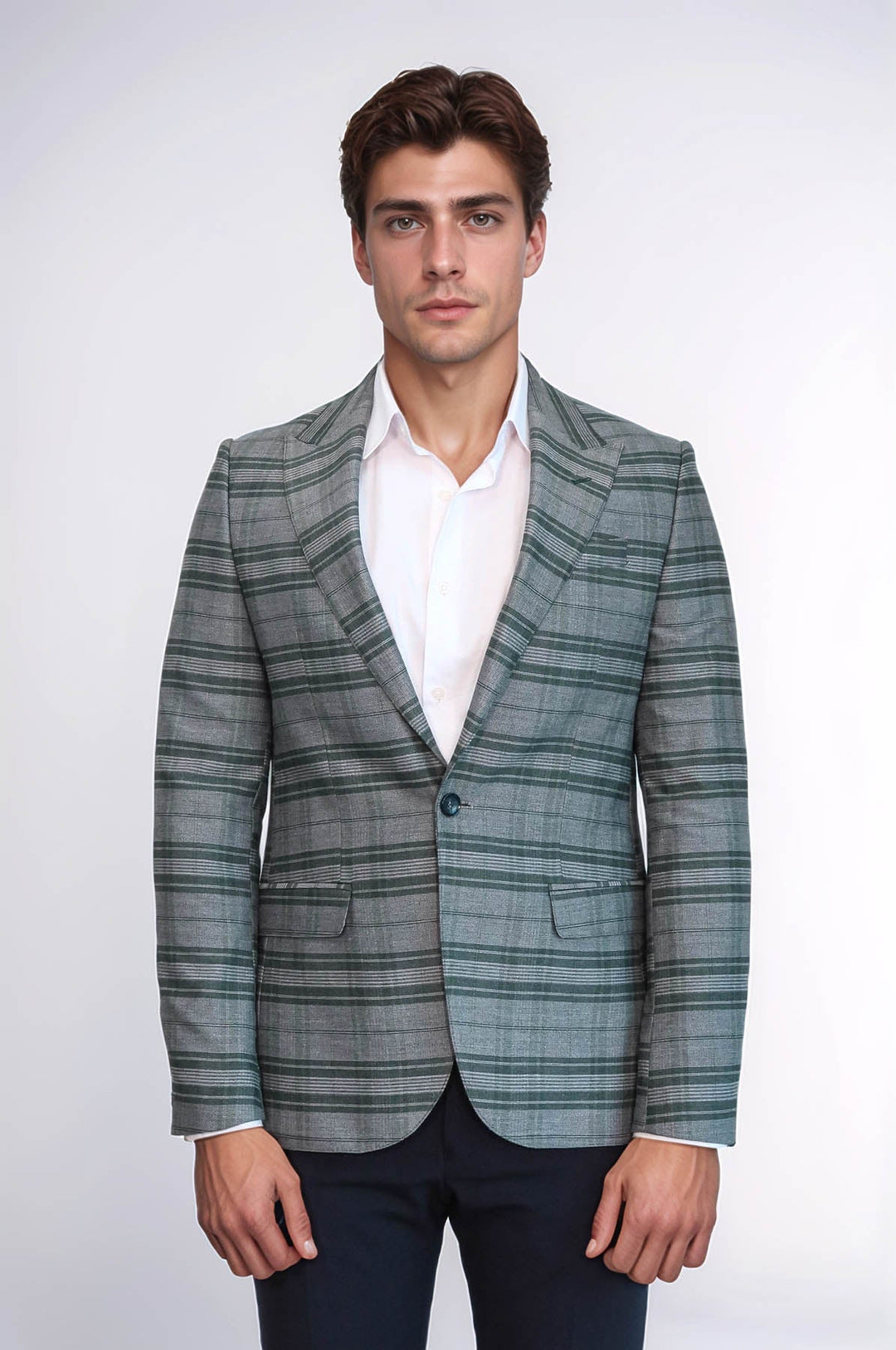 Blazer de hombre verde ajustado con un solo botón y cuadros - Wessi