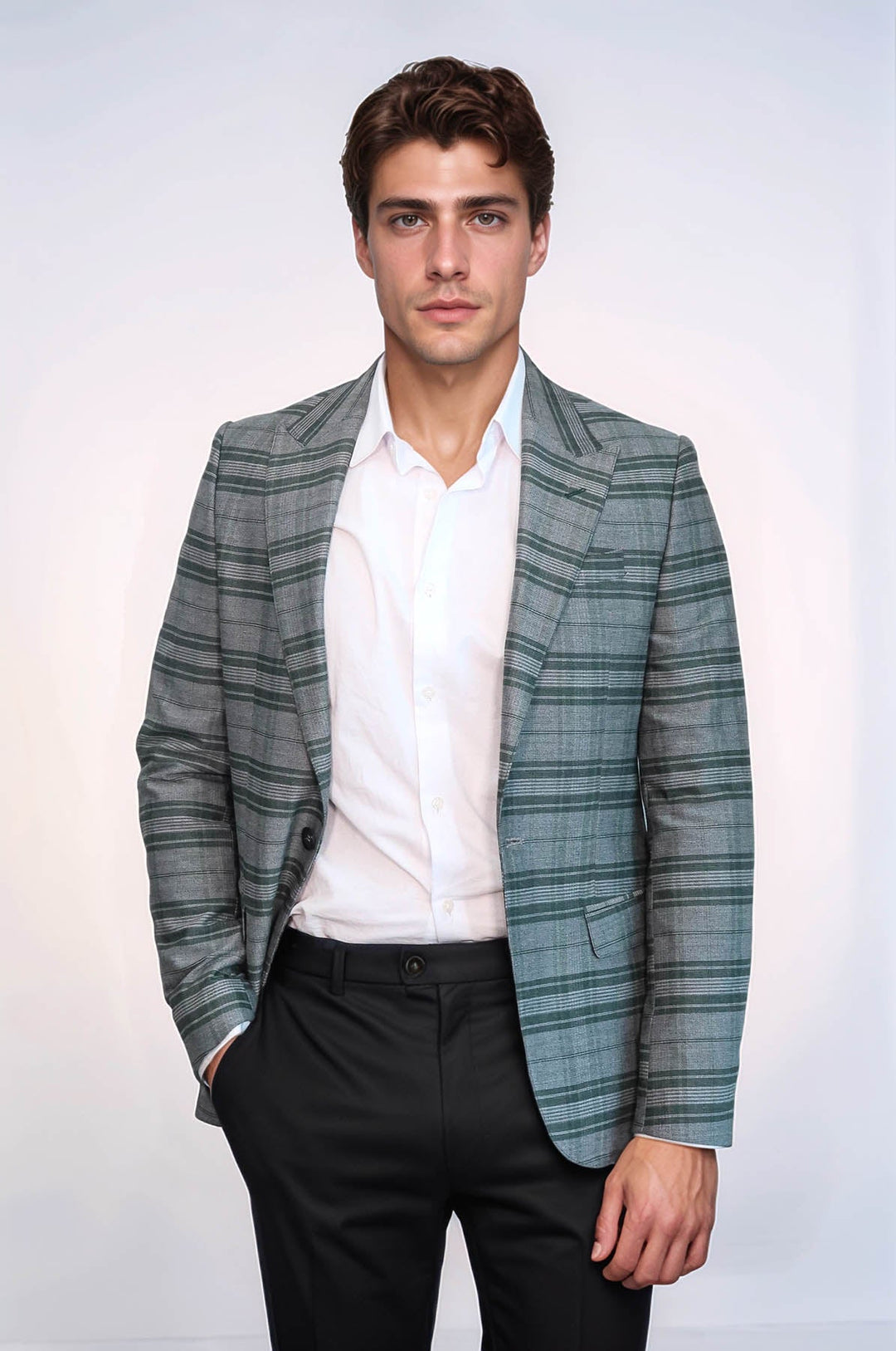 Blazer de hombre verde ajustado con un solo botón y cuadros - Wessi