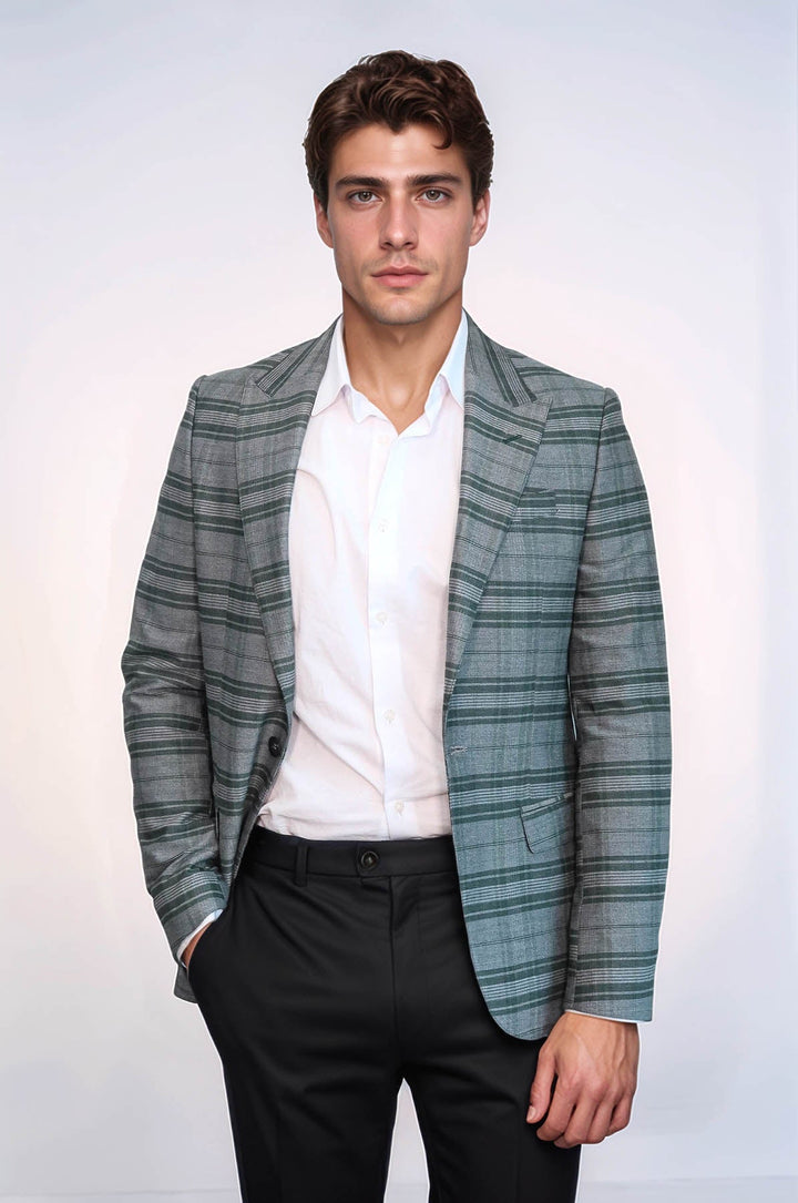 Blazer de hombre verde ajustado con un solo botón y cuadros - Wessi
