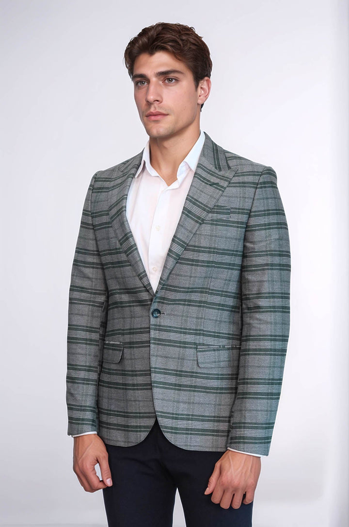 Blazer de hombre verde ajustado con un solo botón y cuadros - Wessi