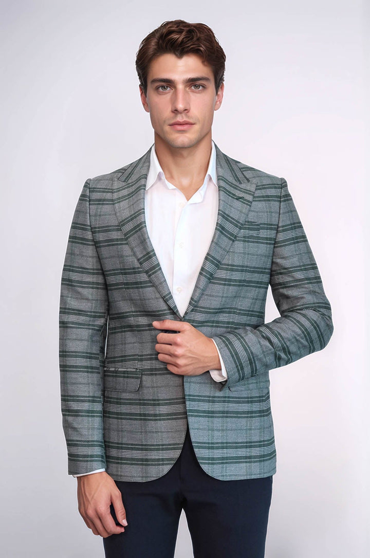 Blazer de hombre verde ajustado con un solo botón y cuadros - Wessi