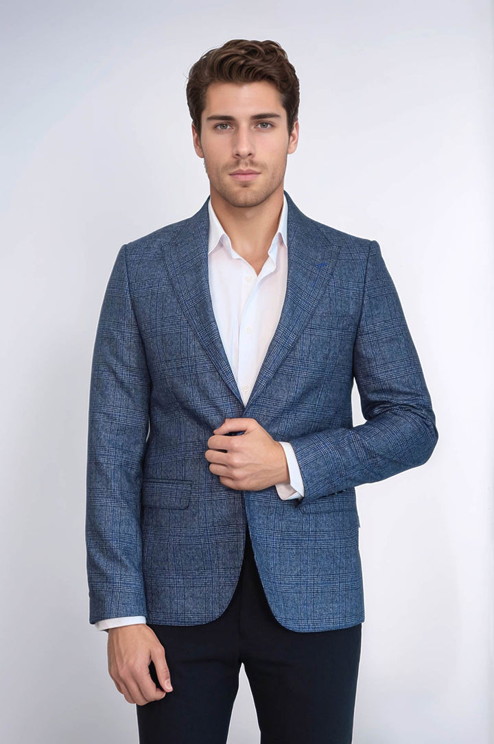 Blazer azul marino de un solo botón y corte entallado a cuadros para hombre - Wessi