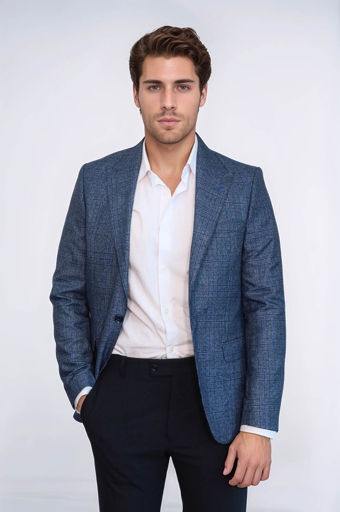 Blazer azul marino de un solo botón y corte entallado a cuadros para hombre - Wessi