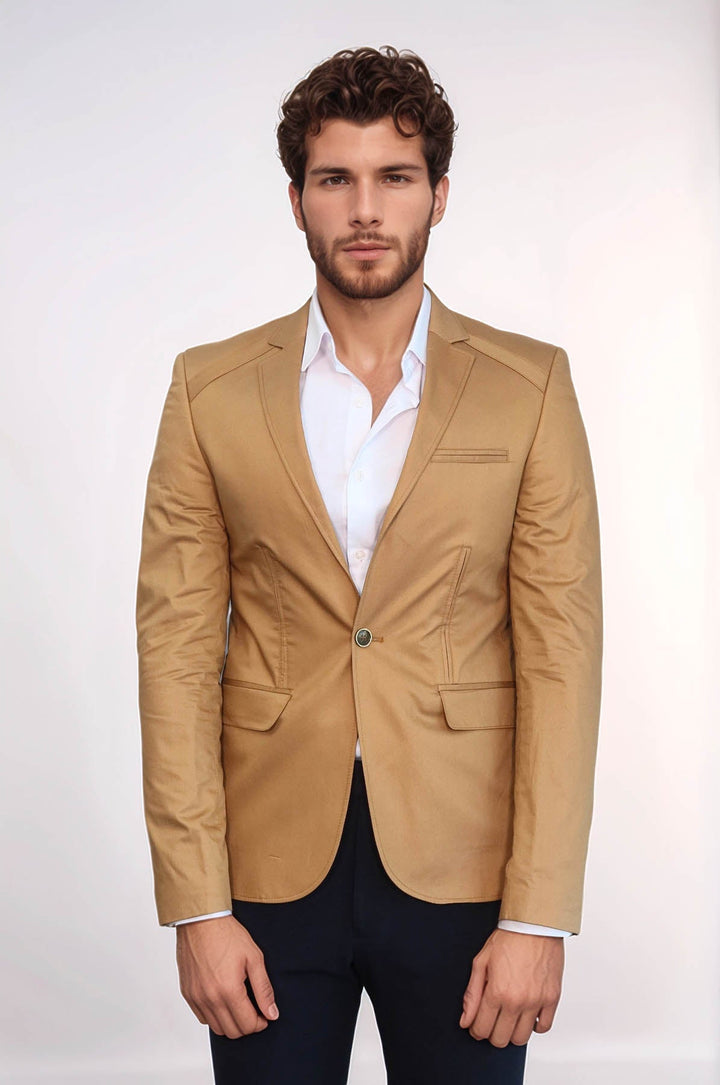 Chaqueta de algodón color canela con un solo botón y 3 bolsillos - Wessi