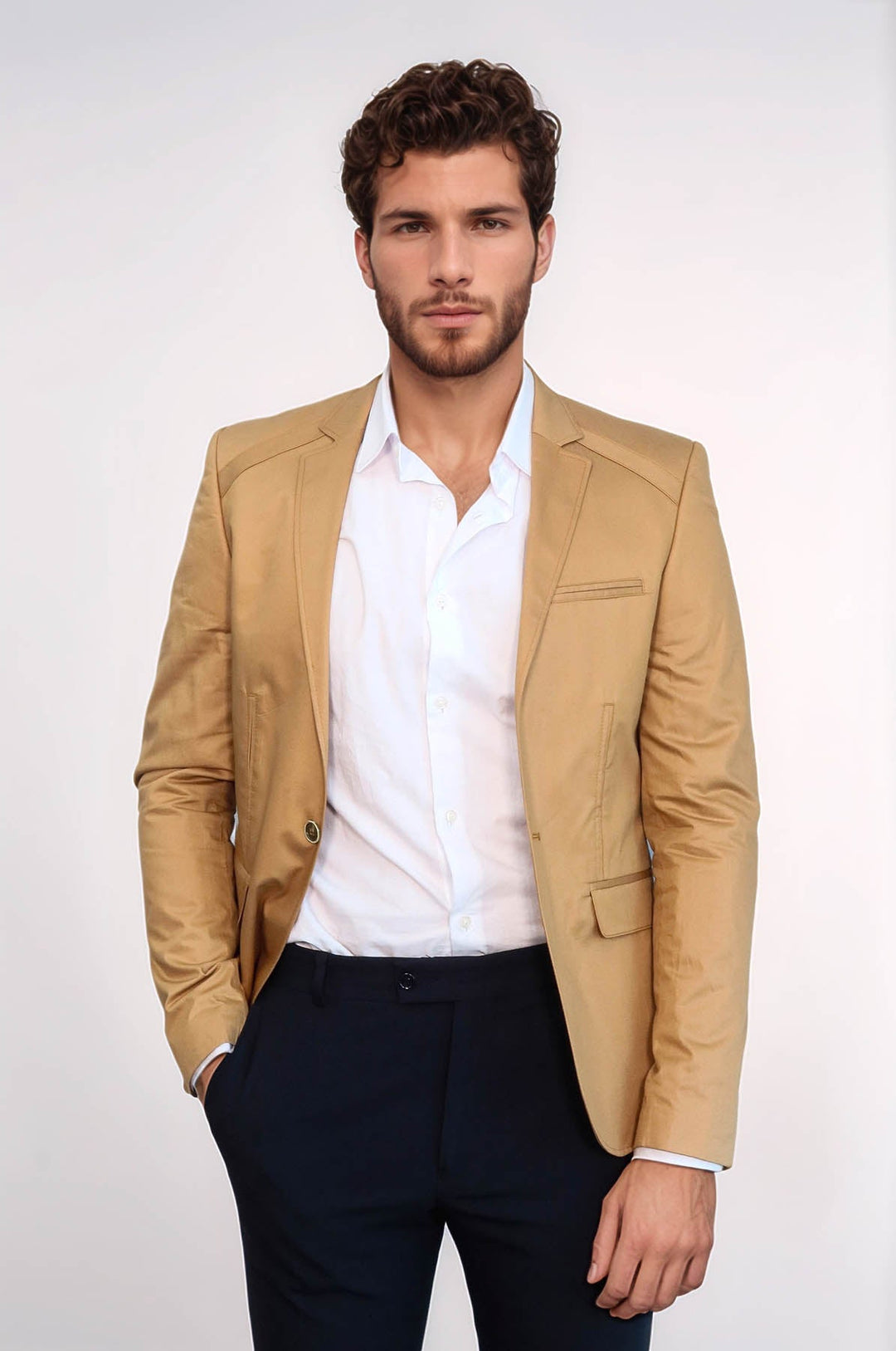 Chaqueta de algodón color canela con un solo botón y 3 bolsillos - Wessi