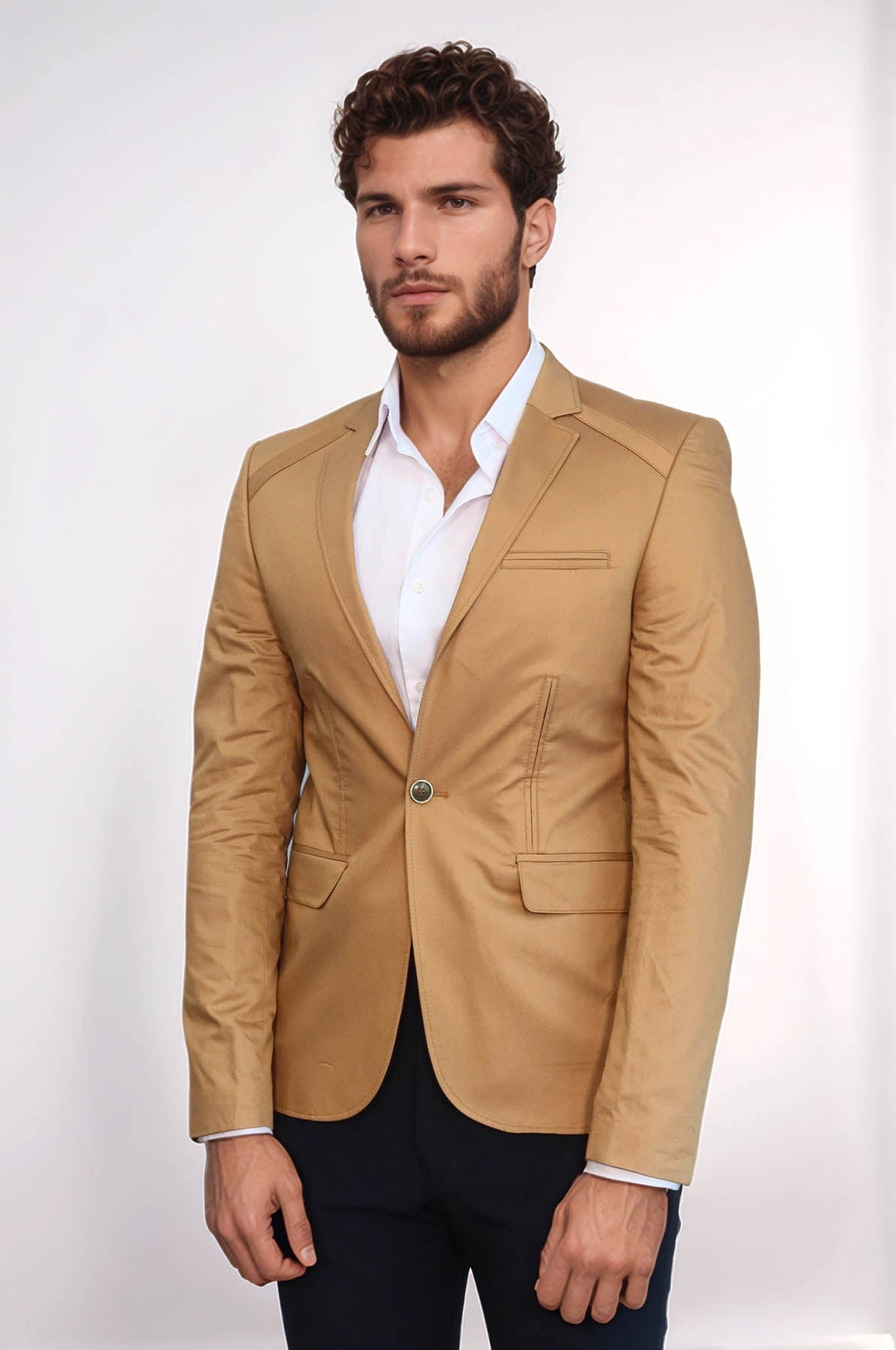Chaqueta de algodón color canela con un solo botón y 3 bolsillos - Wessi