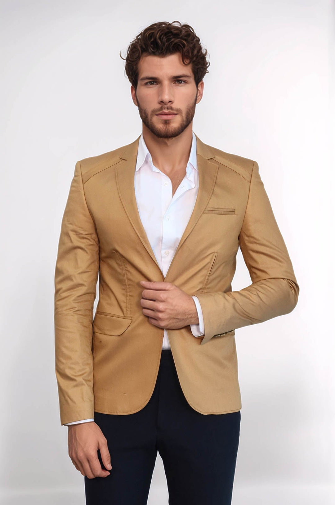 Chaqueta de algodón color canela con un solo botón y 3 bolsillos - Wessi