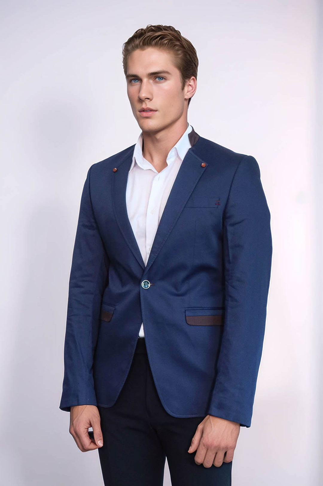 Blazer azul marino con cuello alto y un botón para hombre - Wessi