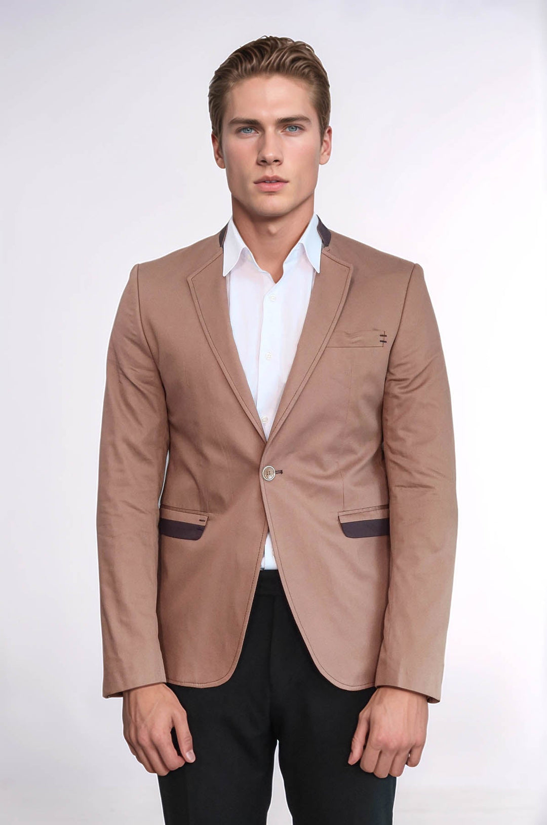 Blazer beige de cuello alto con un botón para hombre - Wessi