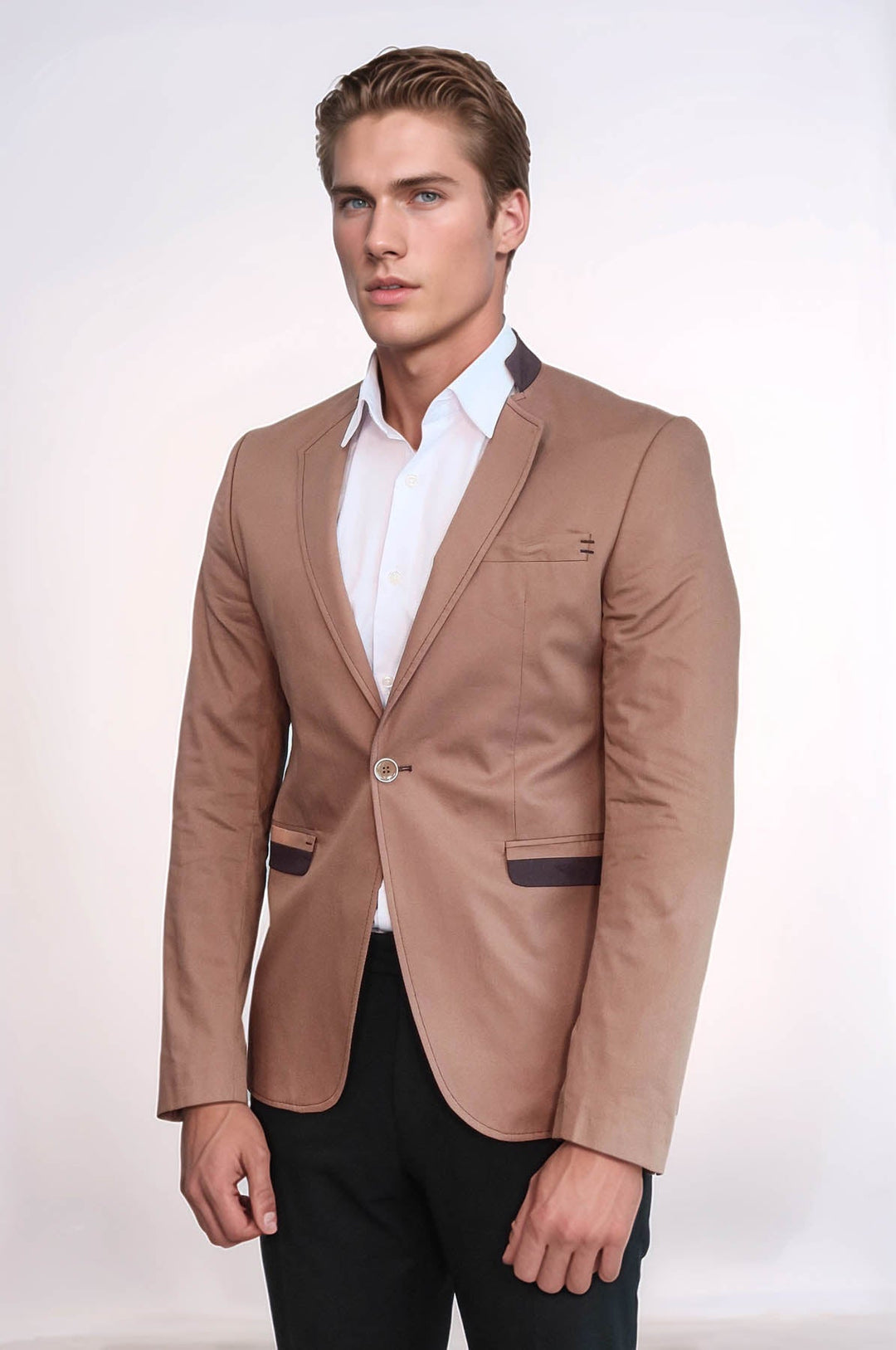 Blazer beige de cuello alto con un botón para hombre - Wessi