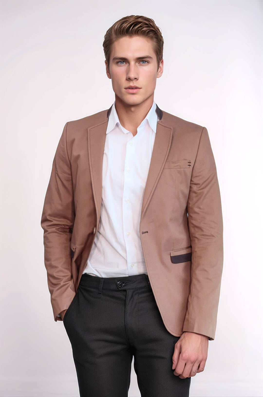 Blazer beige de cuello alto con un botón para hombre - Wessi
