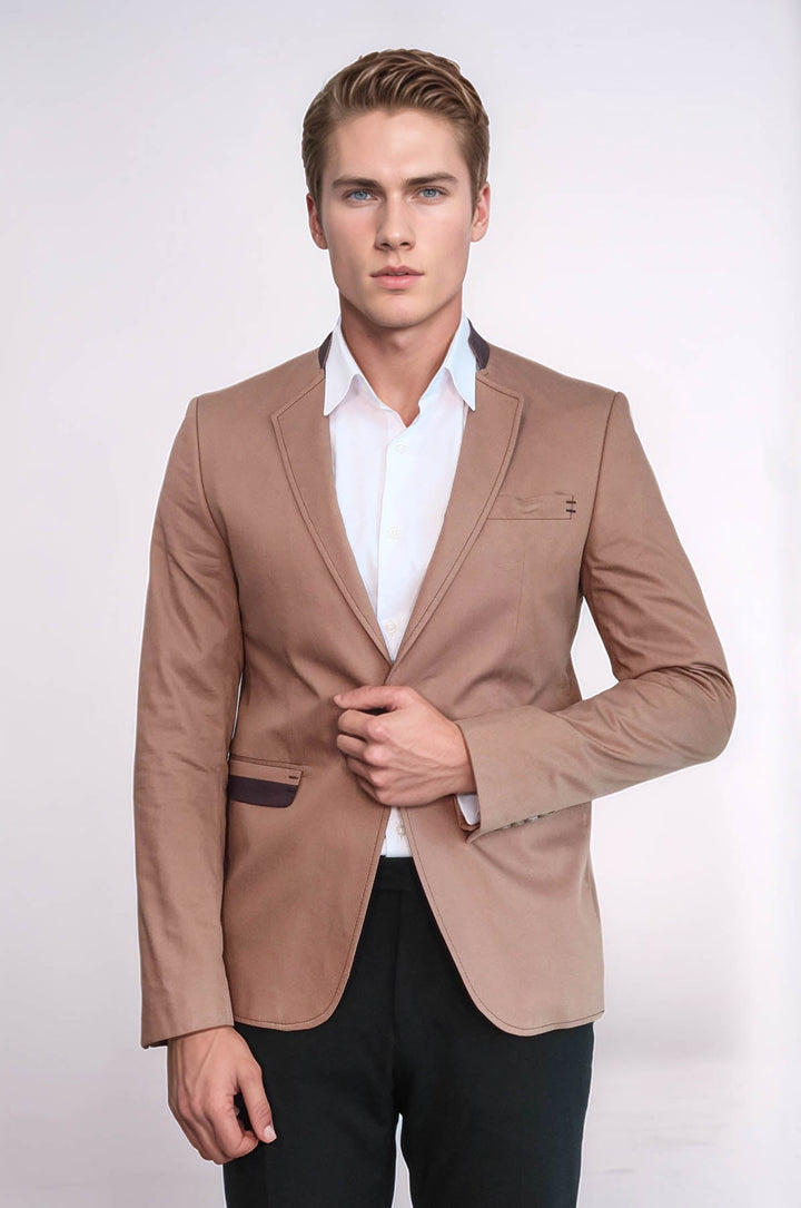 Blazer beige de cuello alto con un botón para hombre - Wessi
