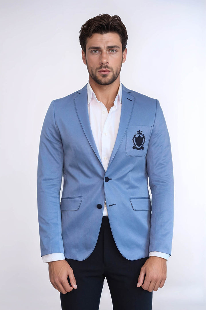 Chaqueta azul de algodón con escudo y 2 botones y 3 bolsillos