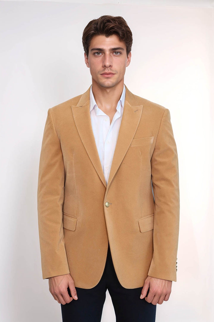 Blazer de terciopelo color albaricoque con solapas anchas para hombre - Wessi