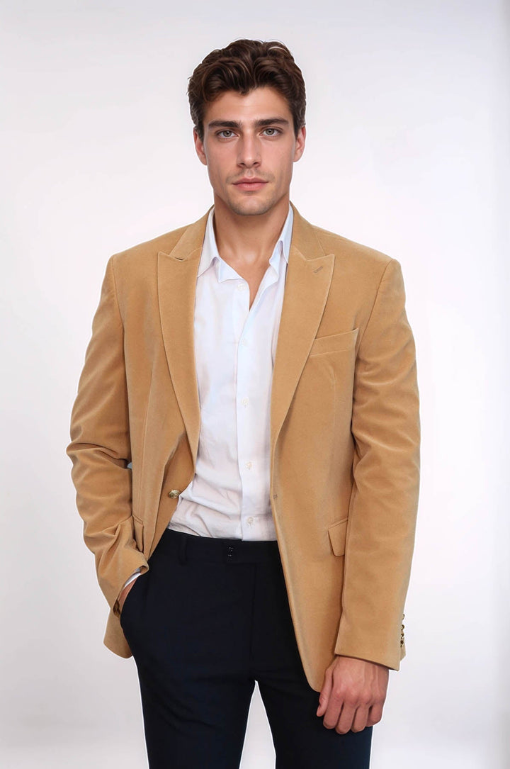Blazer de terciopelo color albaricoque con solapas anchas para hombre - Wessi