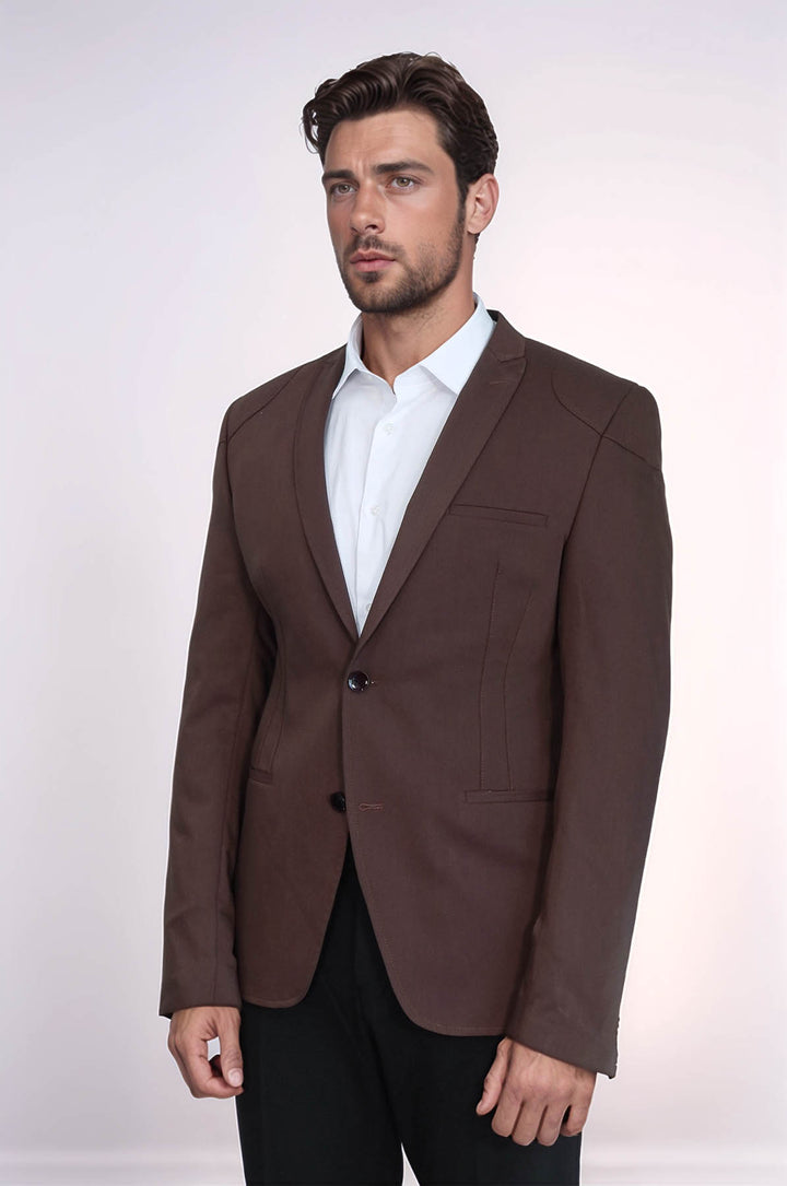 2 Button Shoulder Split Cotton Brown Jacket-Wessi