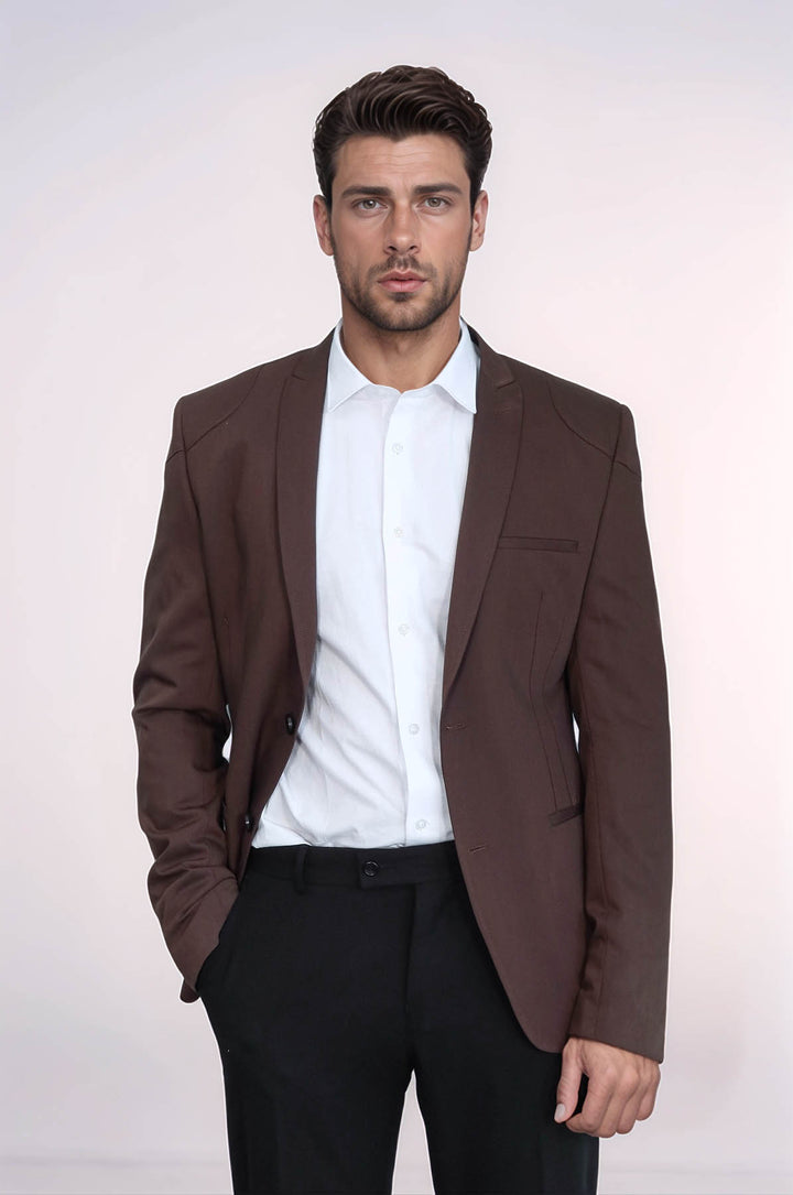 2 Button Shoulder Split Cotton Brown Jacket-Wessi
