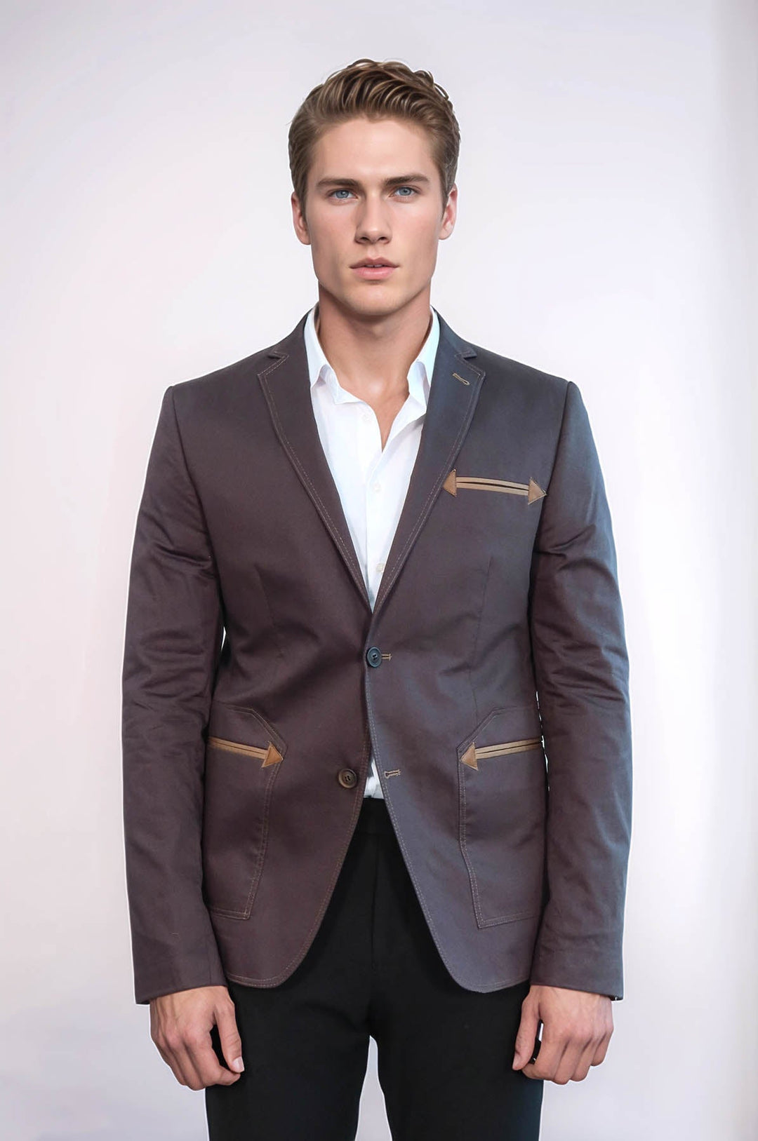 Chaqueta de algodón marrón con solapa mono con dos botones y bolsillo tipo bolso - Wessi