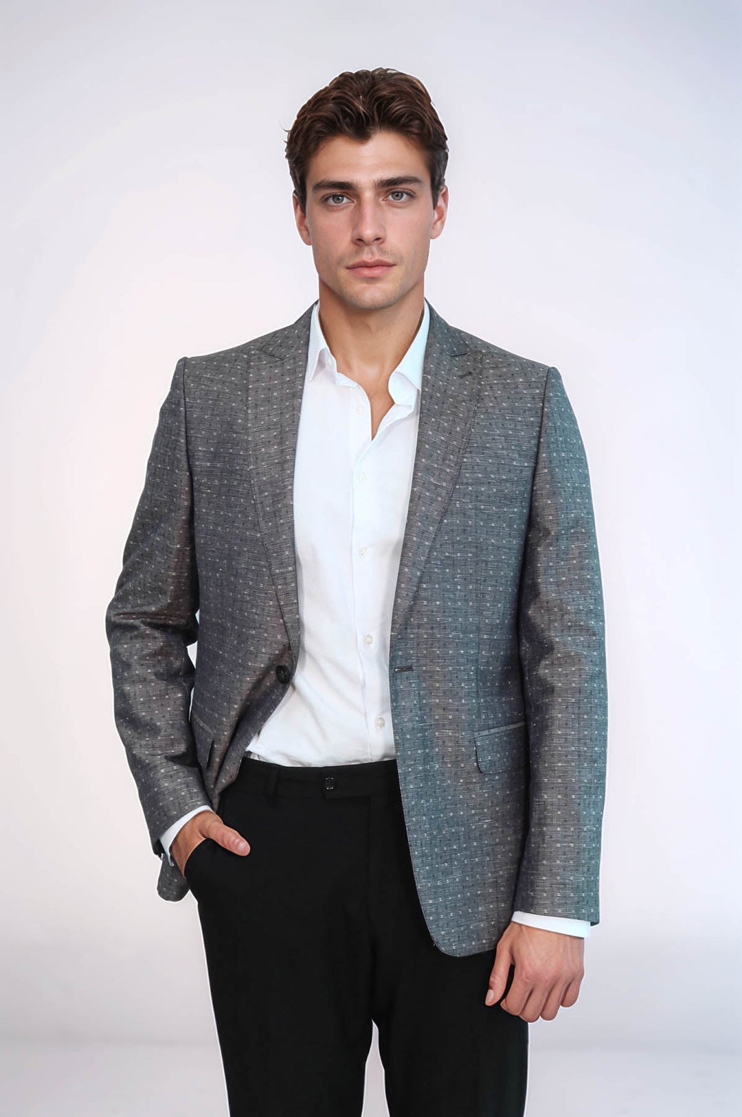 Chaqueta de lino gris con estampado de lunares | Wessi