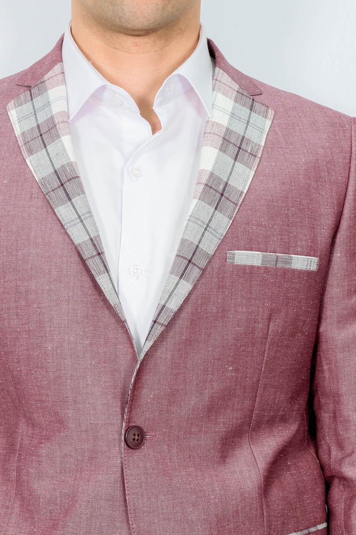 Blazer De Lino Burdeos A Cuadros Con Bolsillos Y Cuello - Wessi