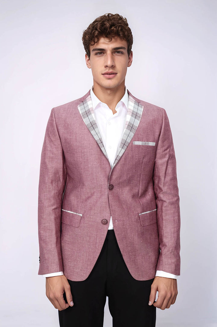 Blazer De Lino Burdeos A Cuadros Con Bolsillos Y Cuello - Wessi