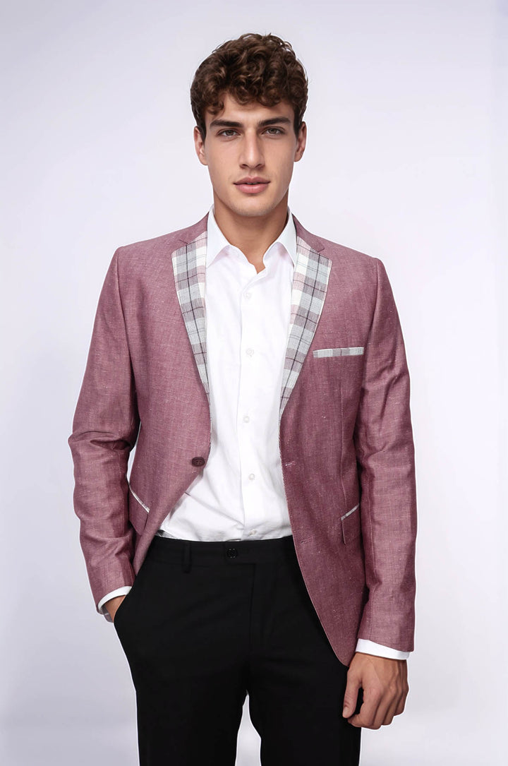 Blazer De Lino Burdeos A Cuadros Con Bolsillos Y Cuello - Wessi