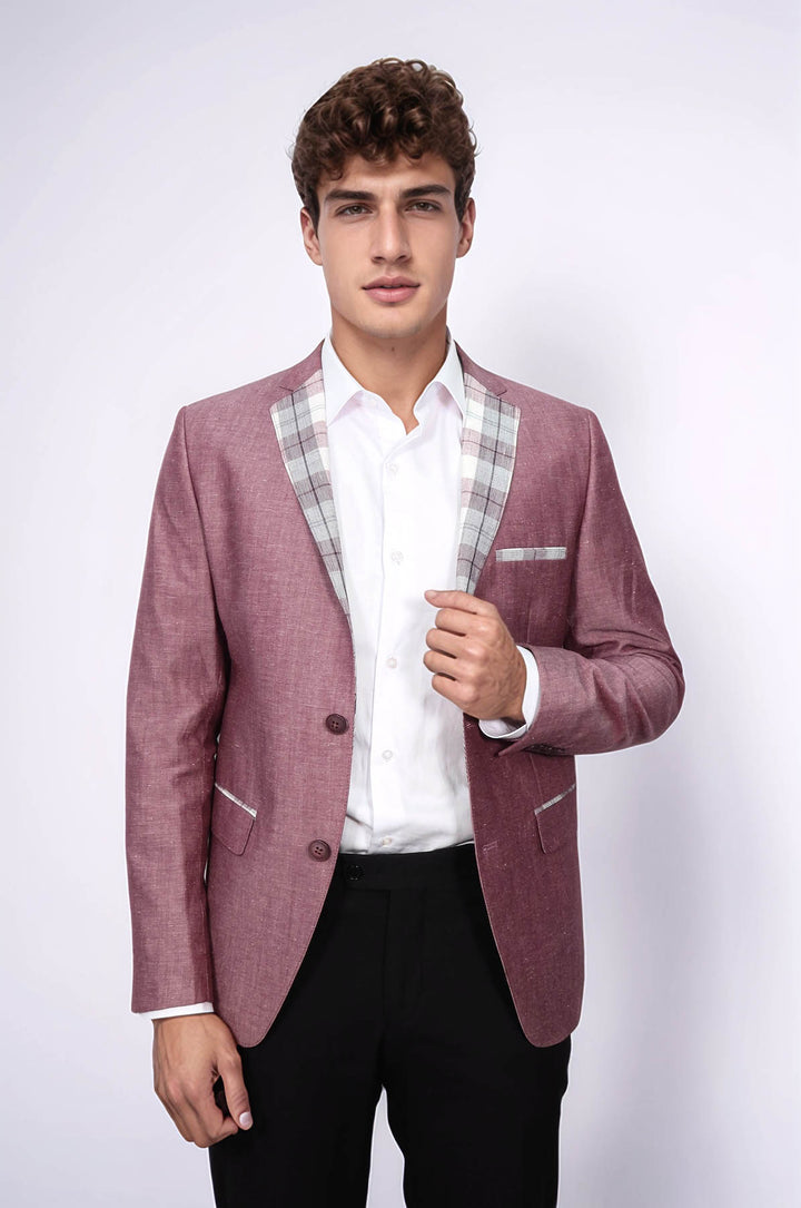Blazer De Lino Burdeos A Cuadros Con Bolsillos Y Cuello - Wessi