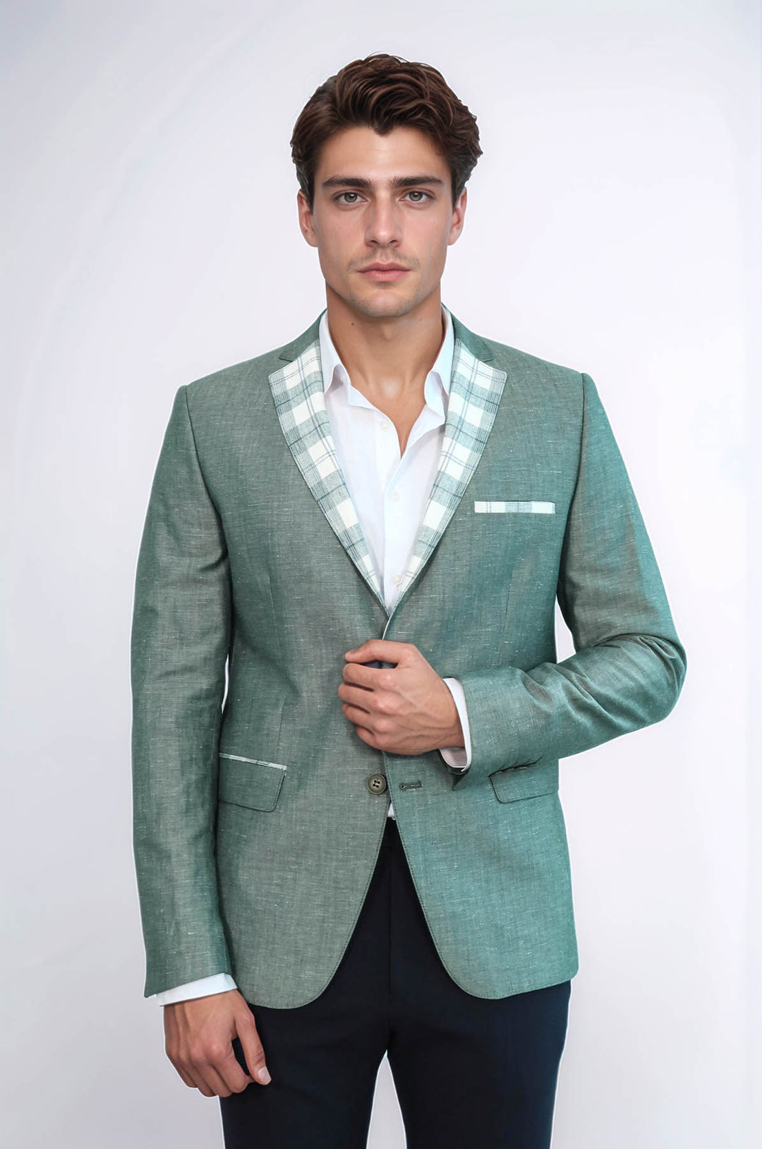 Blazer de lino a cuadros con cuello y bolsillos para hombre - Wessi