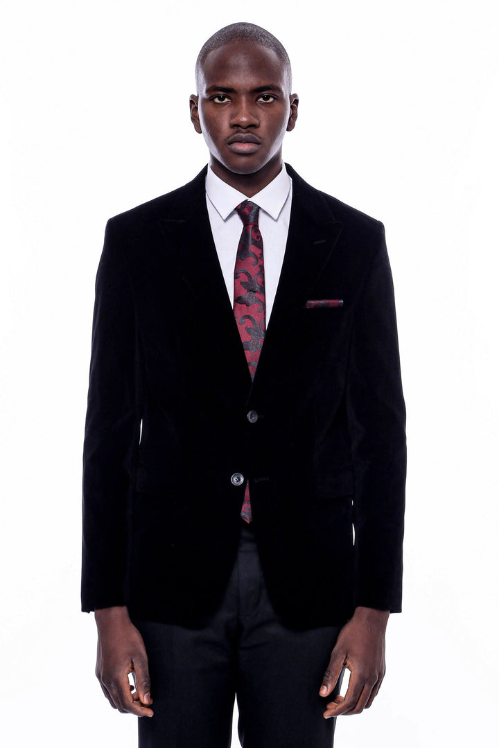 Wide Peak Lapel Velvet Black Blazer - Wessi