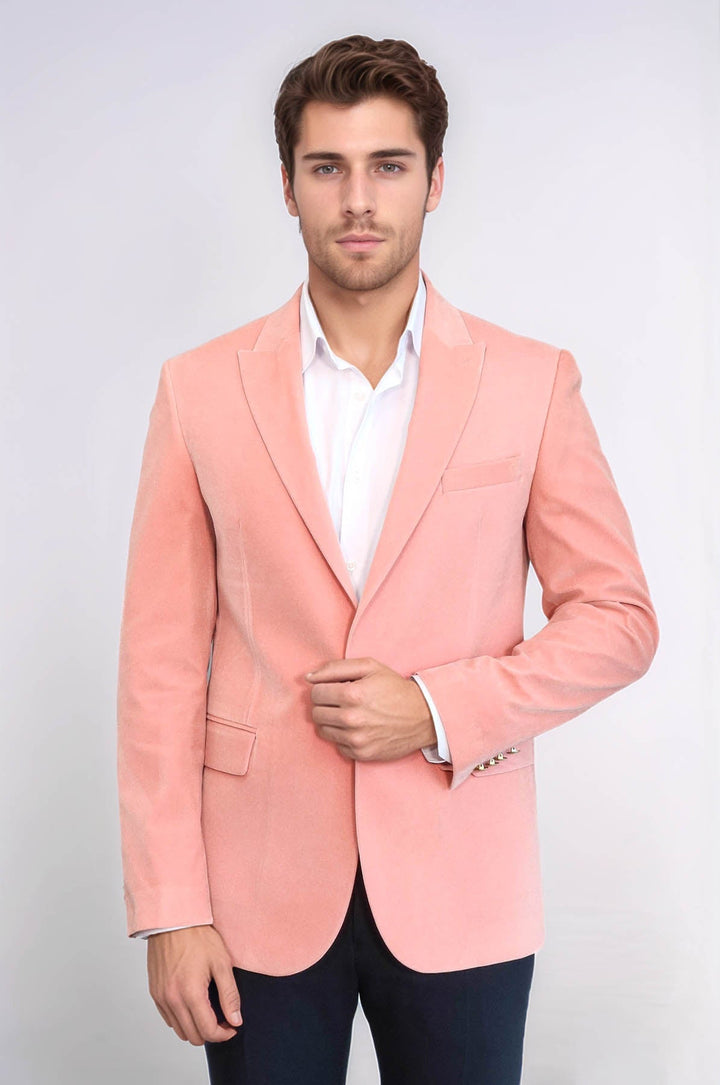 Blazer de terciopelo rosa con solapas anchas para hombre - Wessi